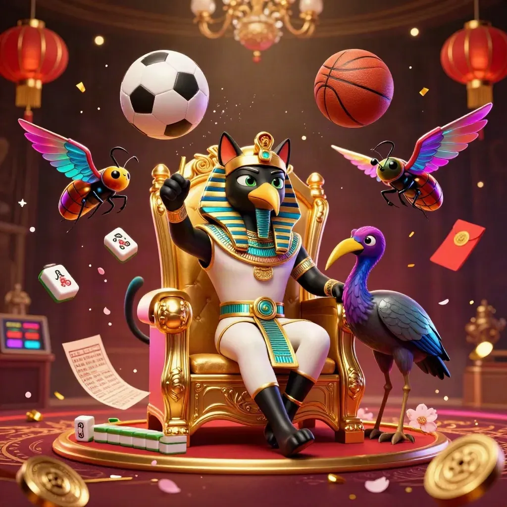 Pharaoh cat on a gold throne with ibis, scarabs, flying balls, and casino gold effects