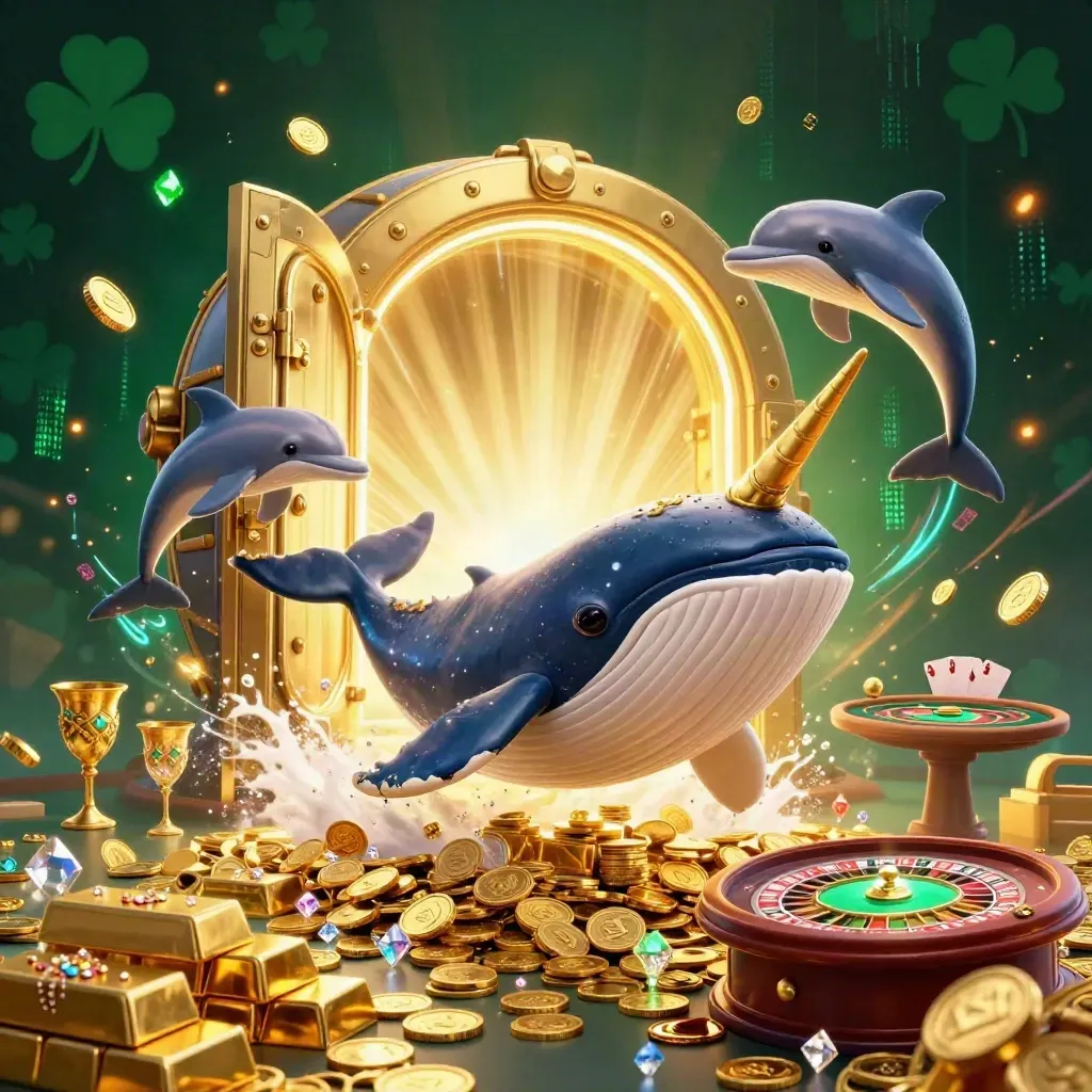Whale captain, narwhal, and dolphins amid a gold vault burst, roulette wheel, cards, and emerald casino glow.