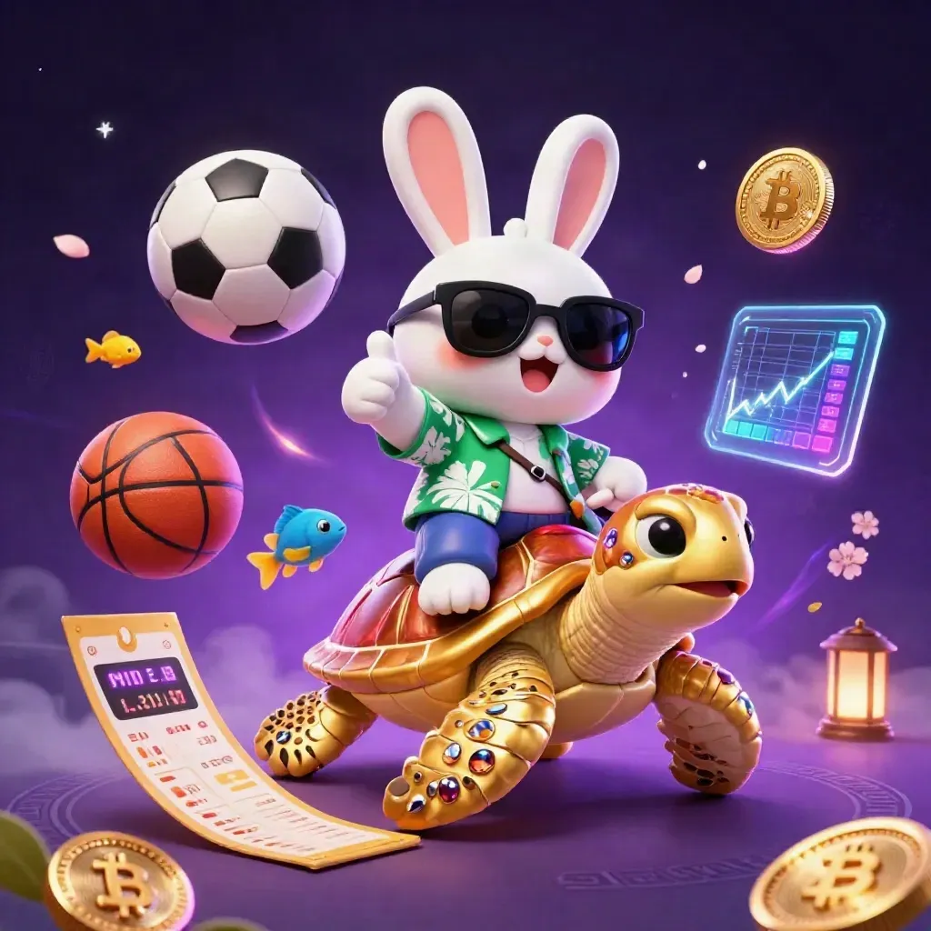 Lucky rabbit rides golden turtle amid coins, sports balls, and neon casino magic.