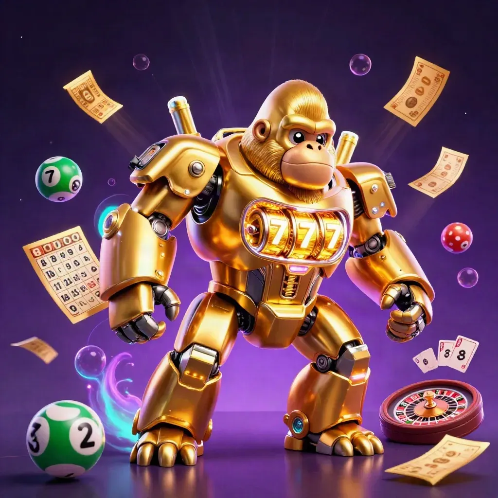 Golden mech gorilla with monkey pilot amid casino symbols, glowing purple and cyan.