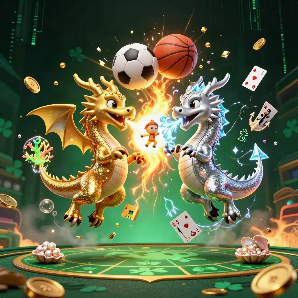 Gold and silver dragons whirl over treasure, cards, soccer ball, and basketball in neon light.