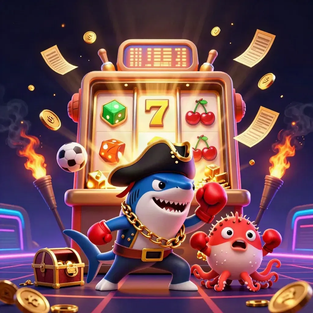 Cartoon pirate shark, pufferfish, and octopus amid casino sparks, dice, coins, slot machine, ball sports items.