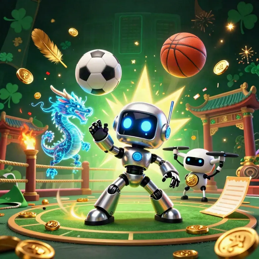 Robot, dragon and coin drone amid gold feathers, confetti and balls under emerald-black casino light.