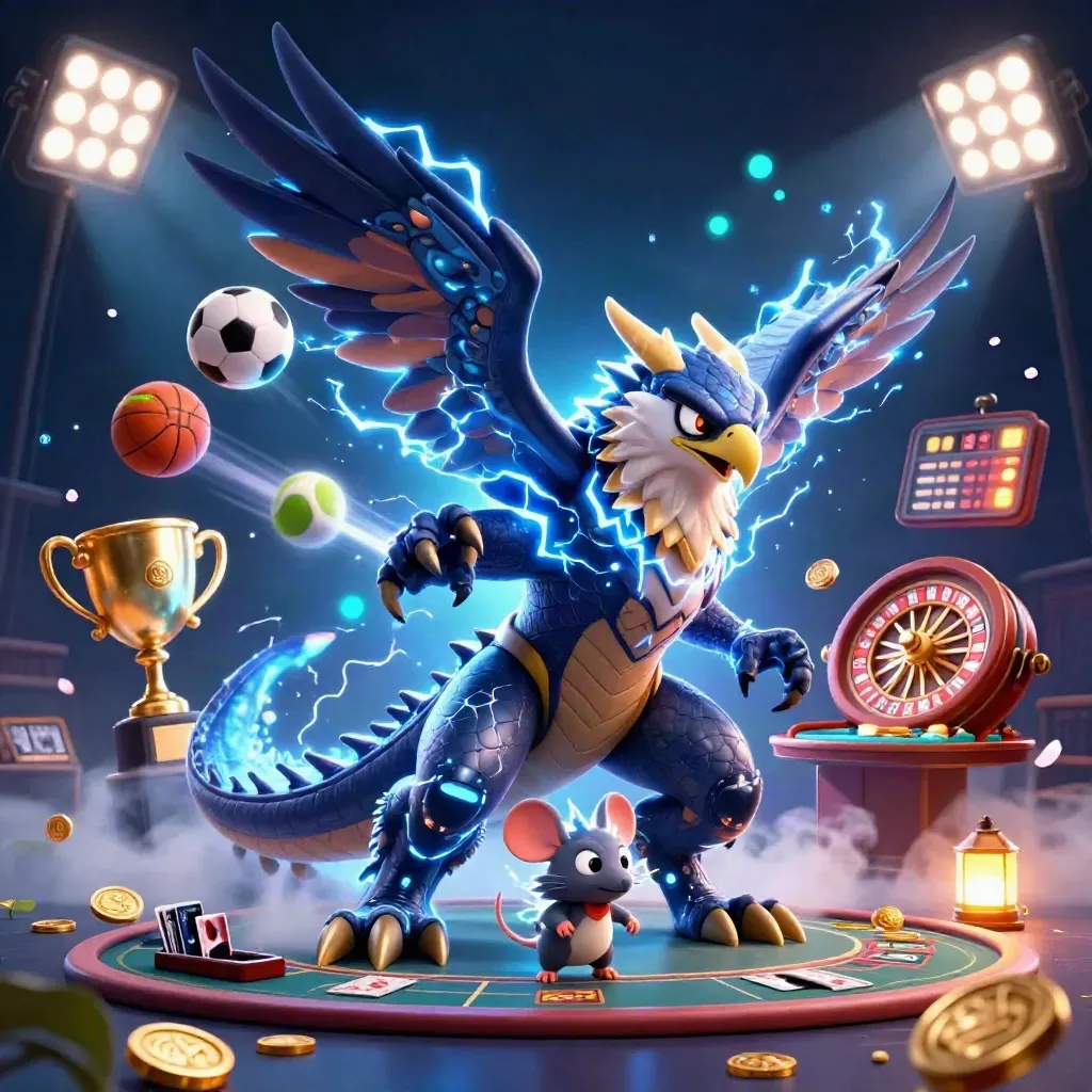 Thunder dragon, wind hawk, and static mouse amid casino luxury and glowing game symbols.