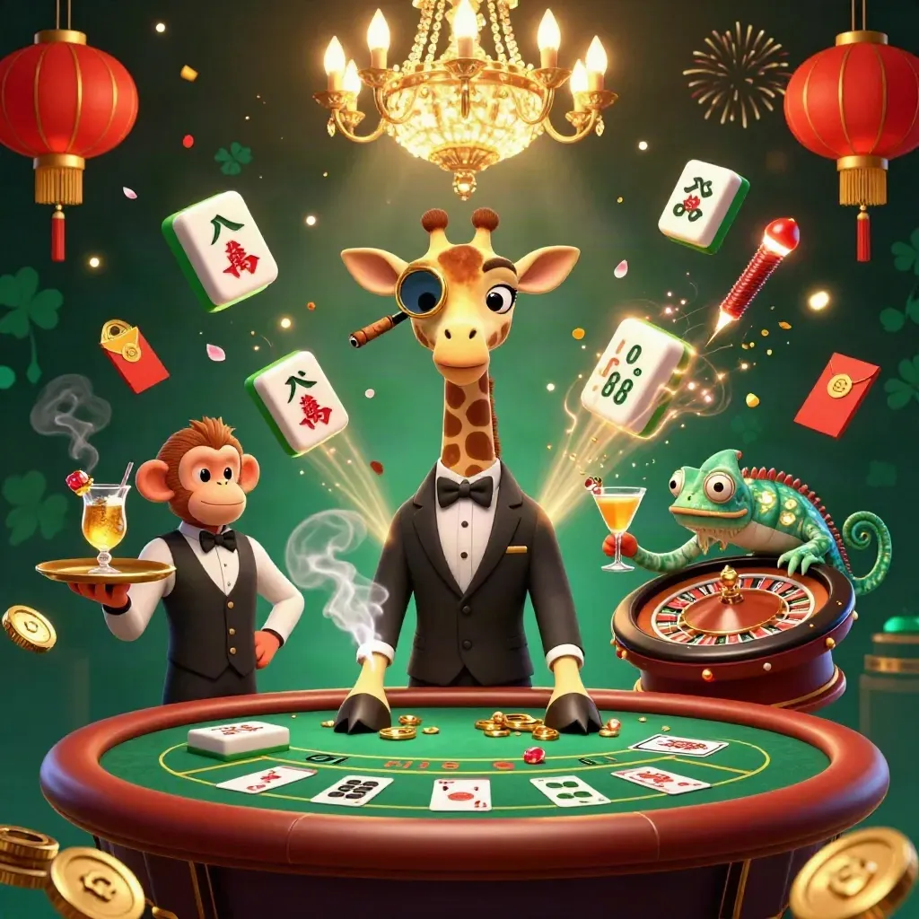 Giraffe high-roller, monkey valet, and chameleon bartender in a luxe casino with gold light and sparks.