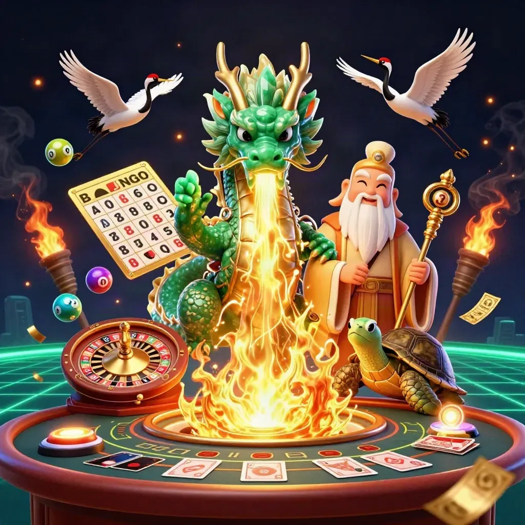 Emerald dragon, turtle sage, and cranes amid casino gold effects on a neon indigo stage.
