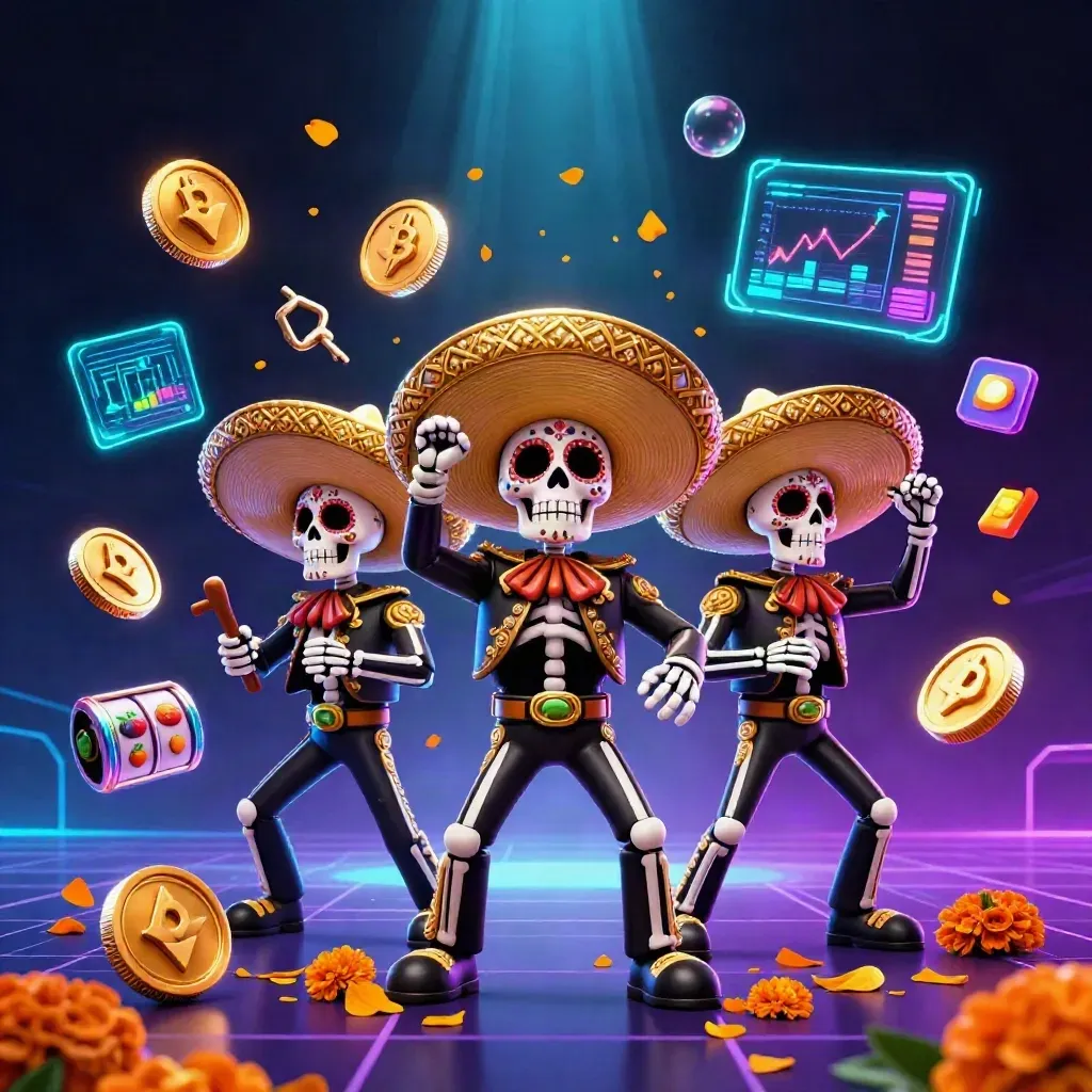 Day-of-the-Dead skeleton mariachi trio with crypto coins, slot reels, and neon casino glow.