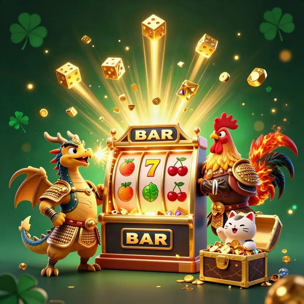 Rooster warrior, dragon hatchling, and fortune-cat amid exploding slots, gold, and emerald light.