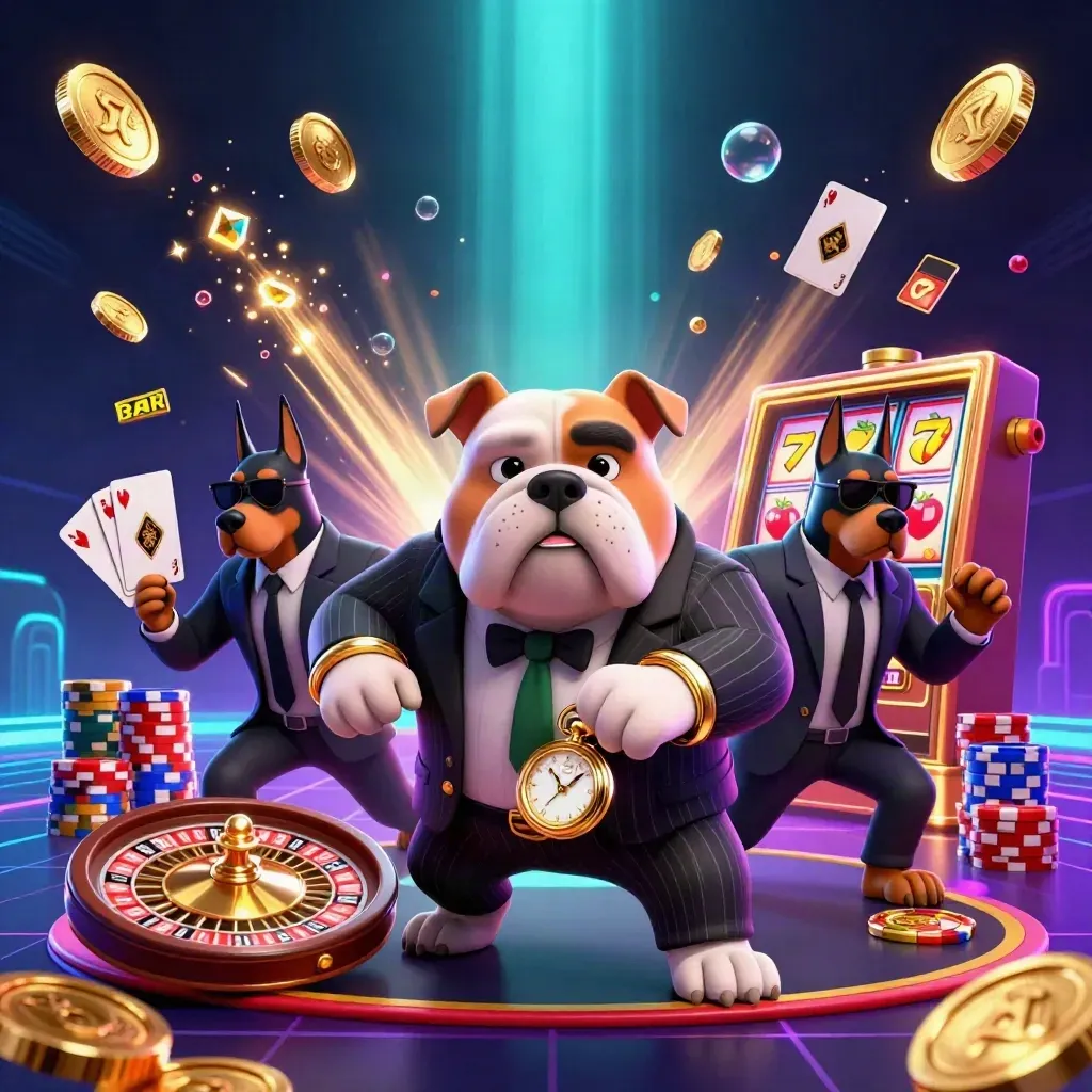 Mafia bulldog and Doberman bodyguards burst through casino treasure with coins, cards, chips, and neon glow.