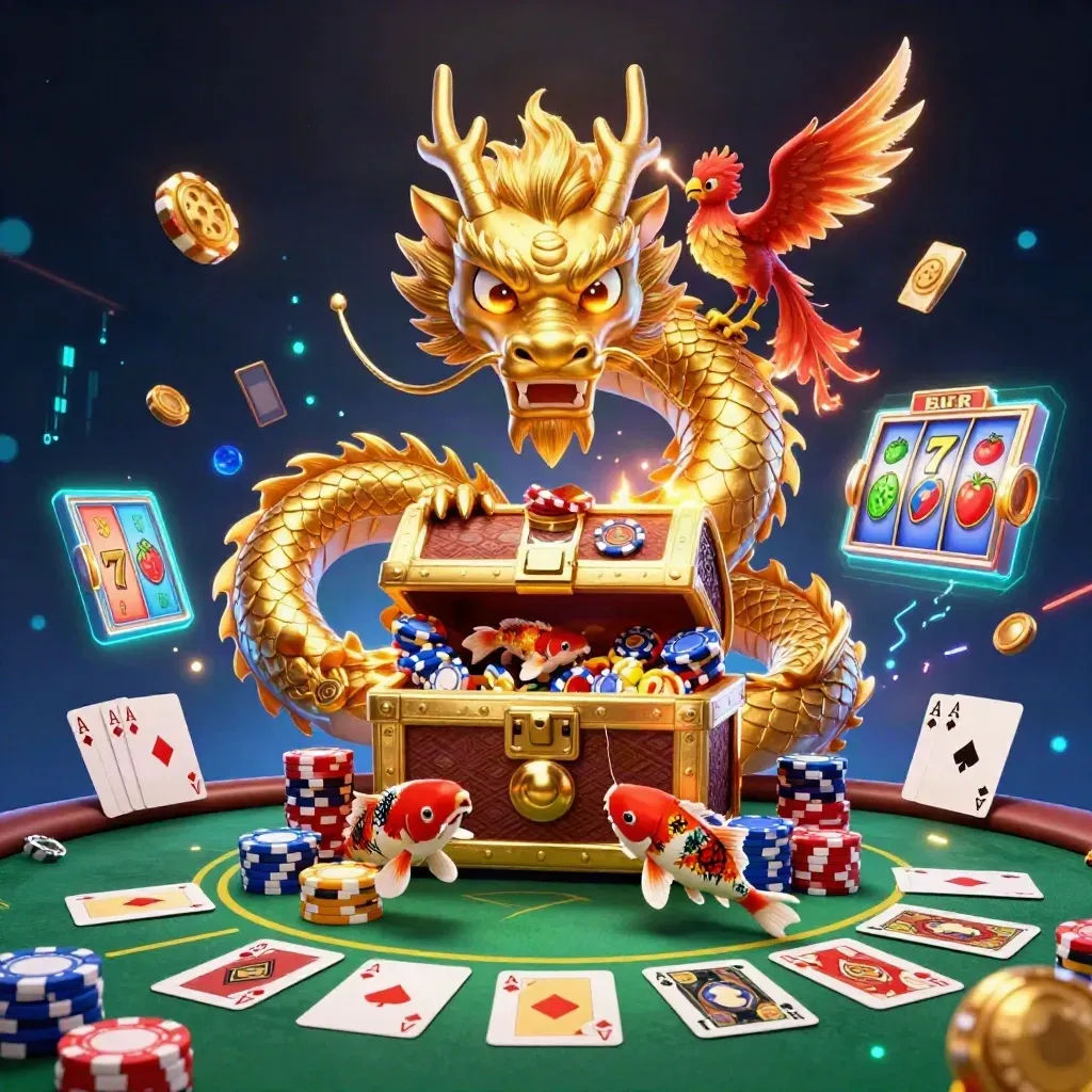 Golden dragon, red phoenix, koi, cards and chips burst through neon casino magic.
