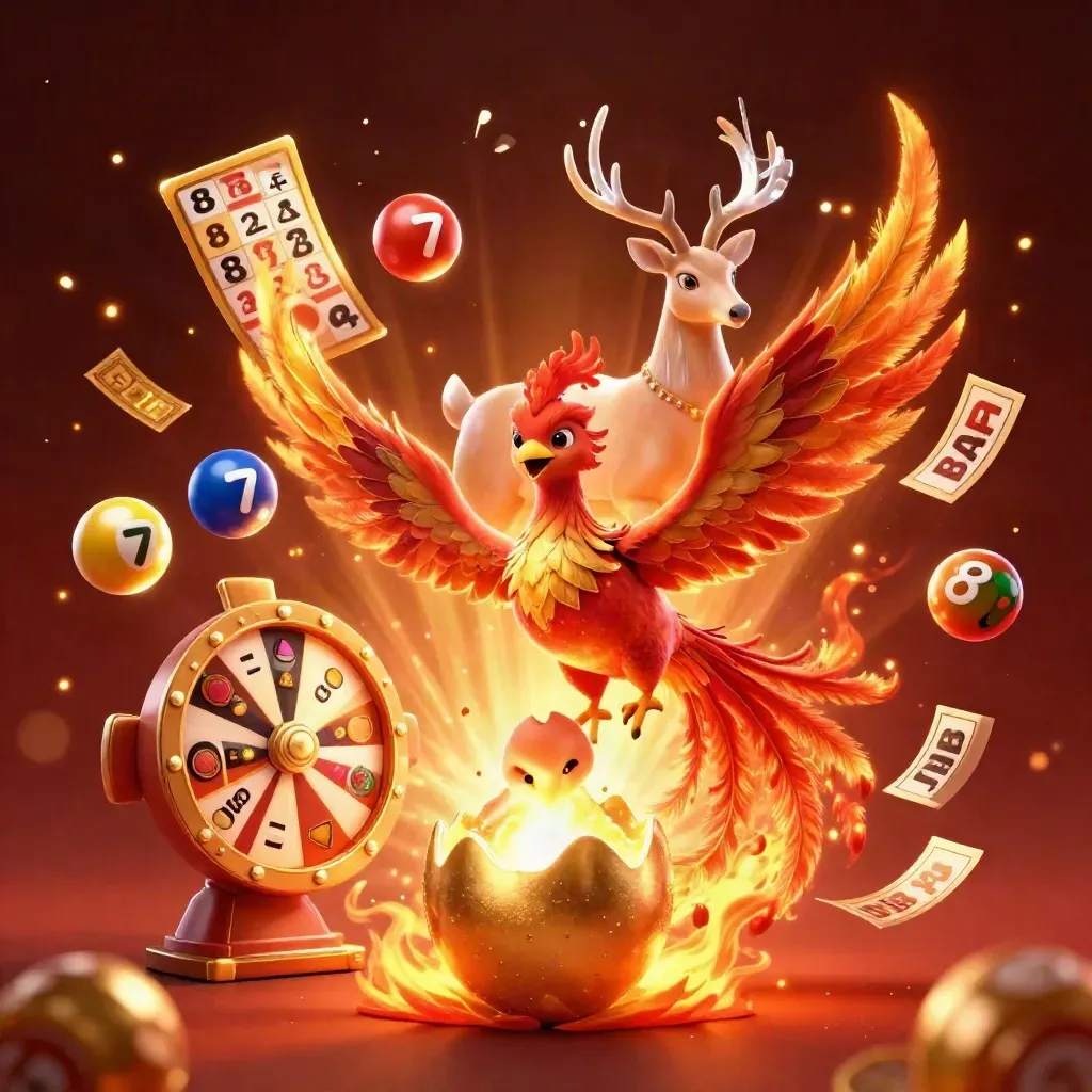 Phoenix, hatchling, and crystal stag amid gold casino bursts on a crimson ember glow.