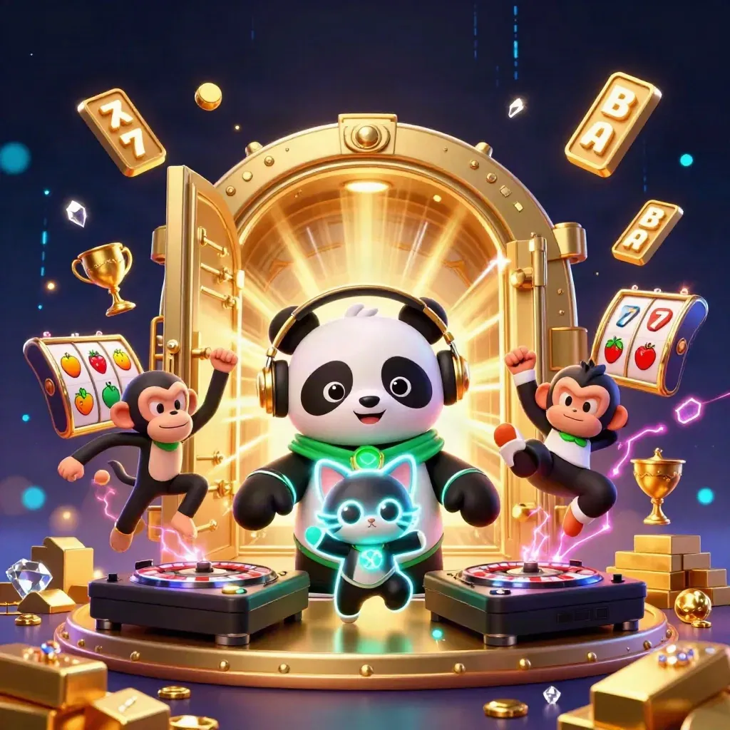 DJ panda, breakdancing monkey, and rave kitten amid exploding gold vault treasure and neon casino energy.