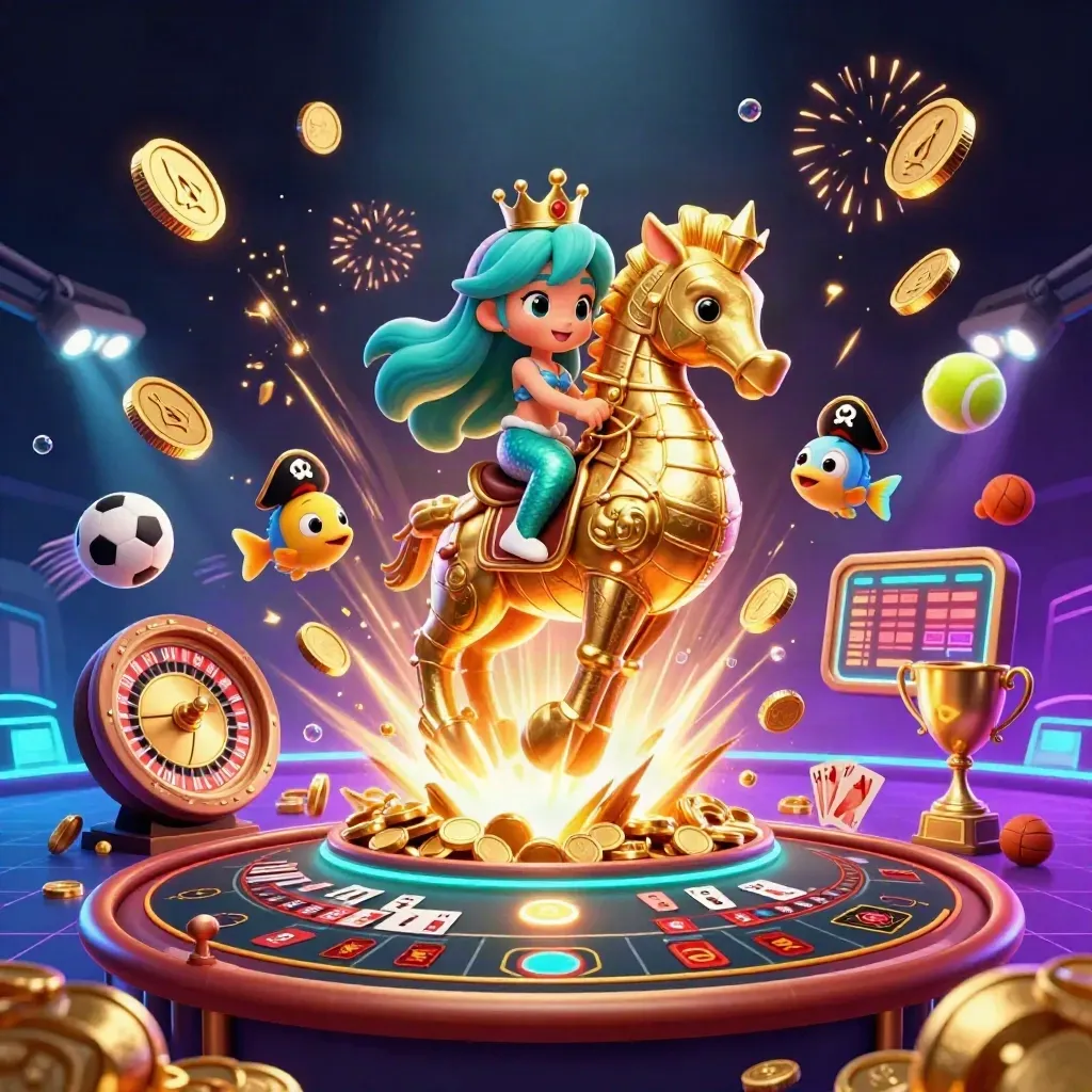 Mermaid princess on golden seahorse amid coins, sports balls, casino icons, and neon underwater glow.