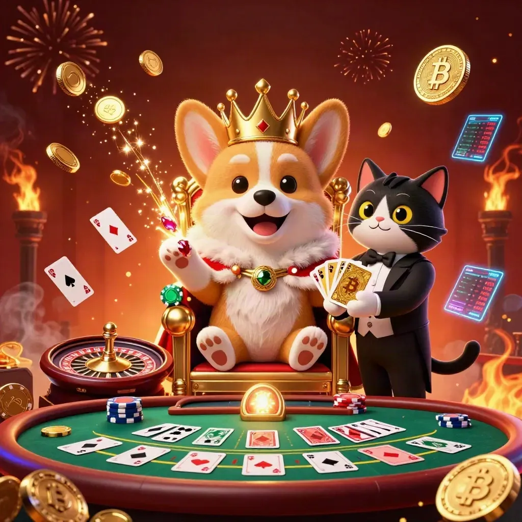 Royal corgi and cat butler amid gold coins, roulette, cards, and casino sparks