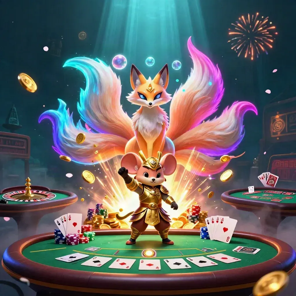 Fox spirit and armored mouse amid casino treasure, cards, chips, fireworks, and glowing magic.