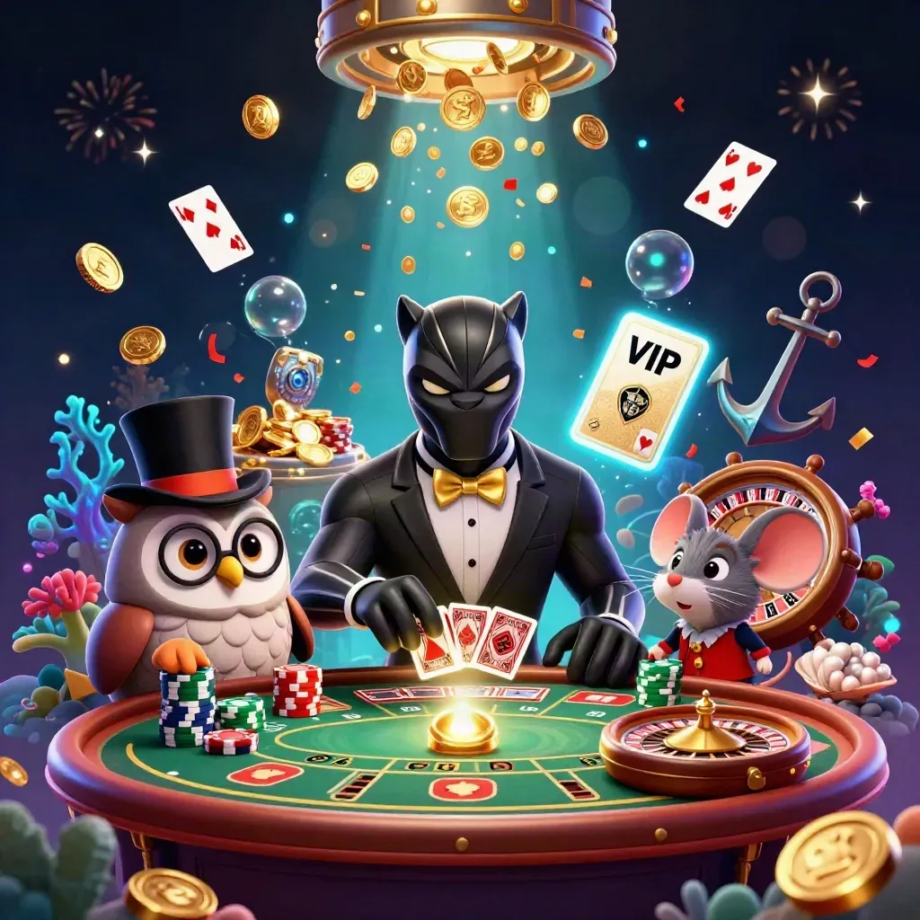 Panther, owl, and mouse in a luxe casino treasure burst with coins, cards, fireworks, and neon glow.