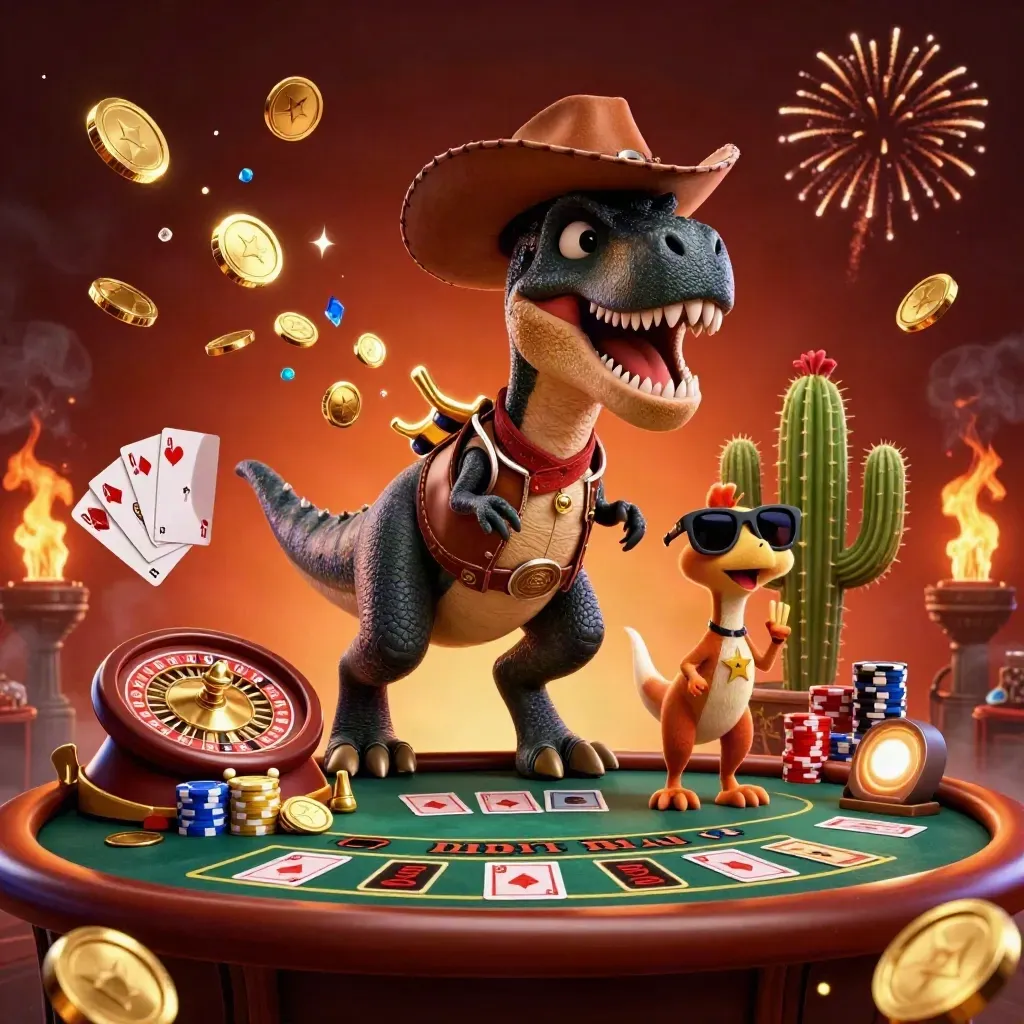 Cowboy T-Rex, cactus sidekick and roadrunner amid coins, chips, cards and a spinning roulette wheel.