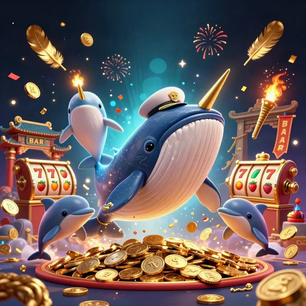 Whale captain, golden narwhal, and chip-trick dolphins amid coins, reels, and fireworks.
