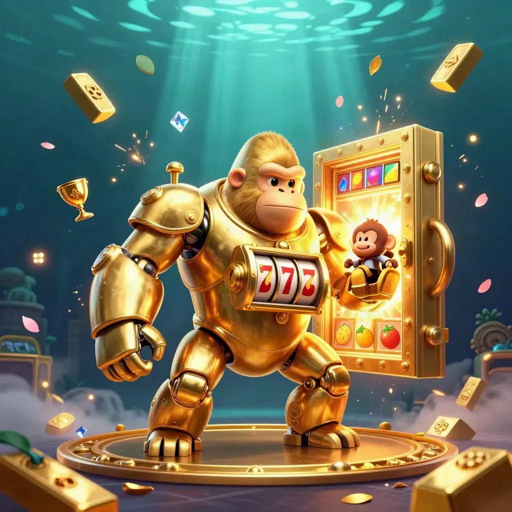 Golden gorilla slot-mech with monkey pilot, vault blast, gold, gems, teal underwater glow