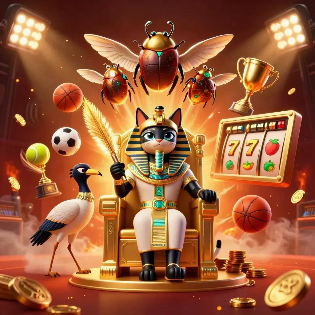 Pharaoh cat on a golden throne with ibis scribe, scarabs, balls, coins, and casino effects