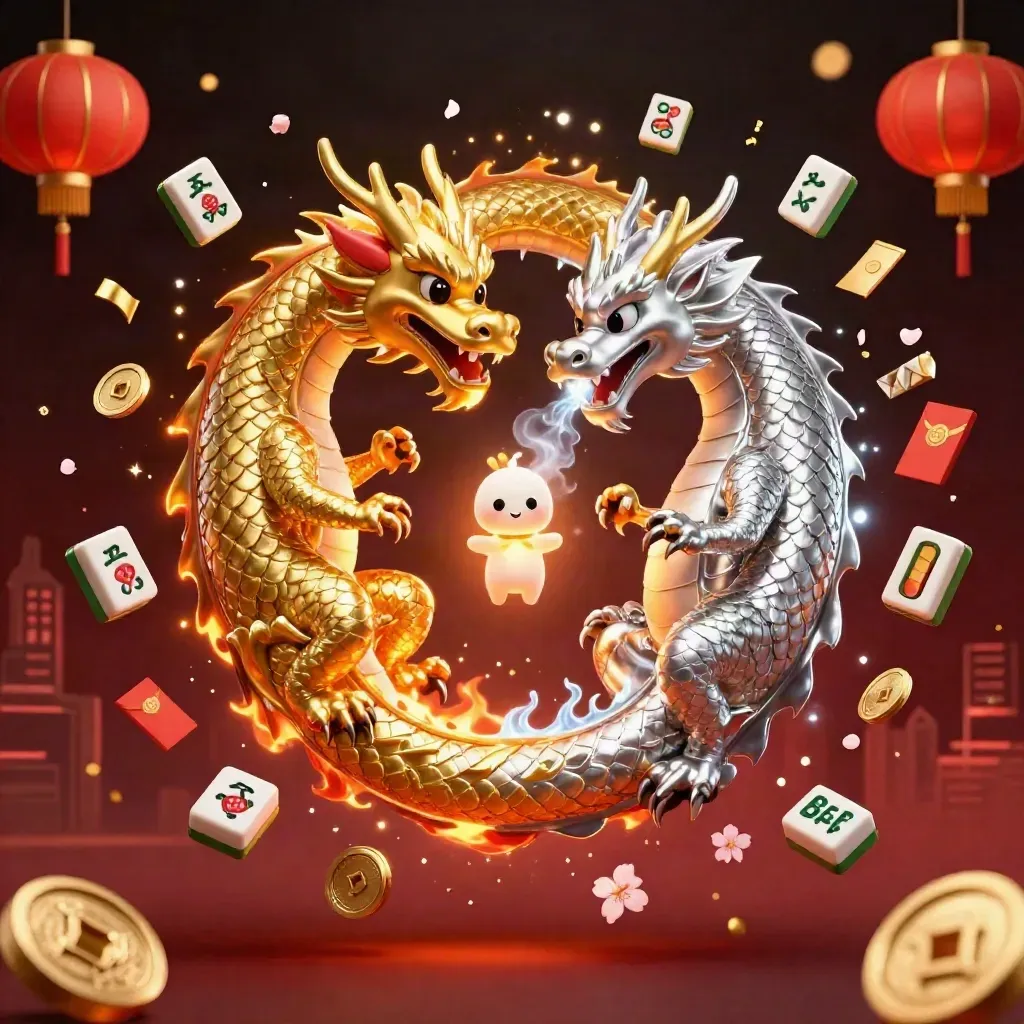 Twin gold and silver dragons form a yin-yang with fire and ice on a dark casino backdrop