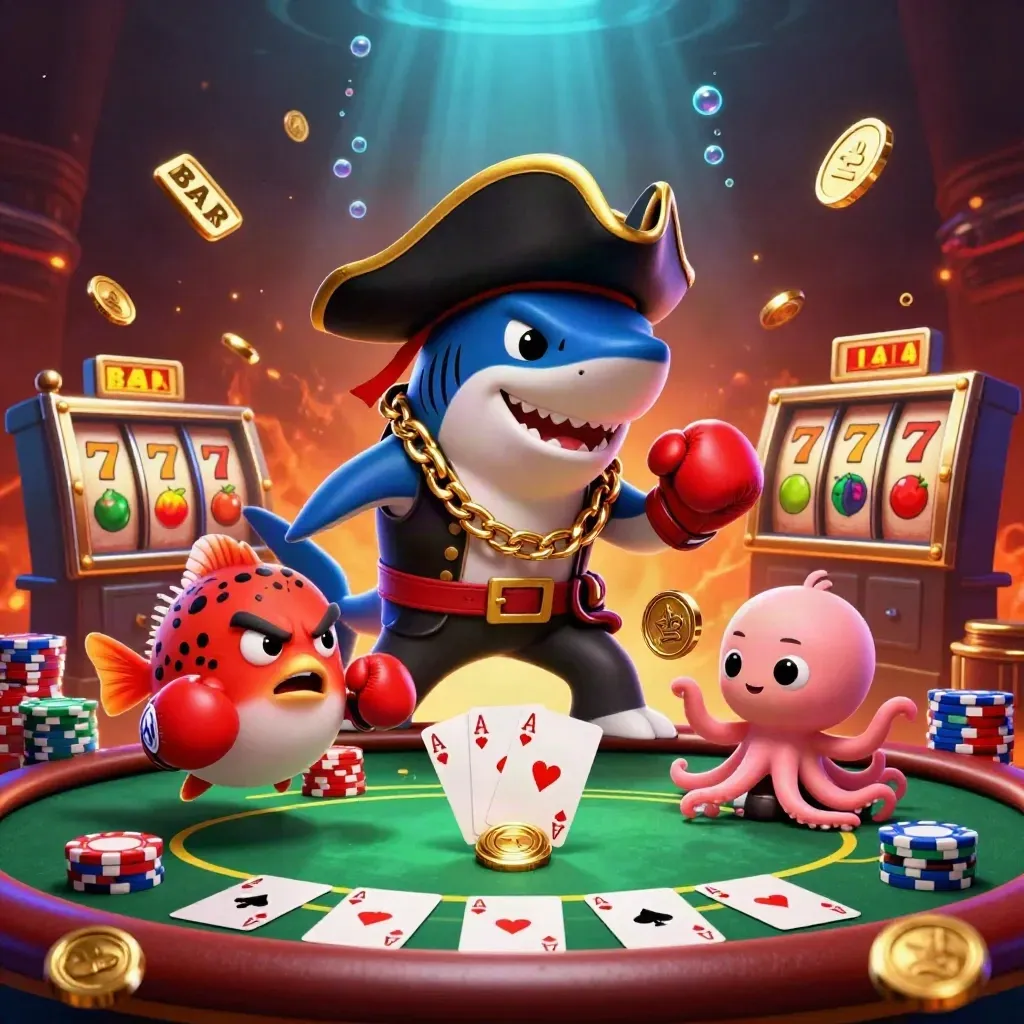Pirate shark, boxing pufferfish, and juggling octopus over neon blackjack cards and chips