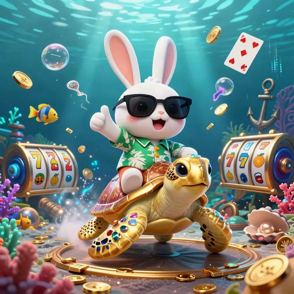 Lucky rabbit on a golden sea turtle in underwater casino action with cards, coral, reels, and gold coins